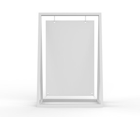 Metal blank a frame with swinging banner board 3d render illustration.