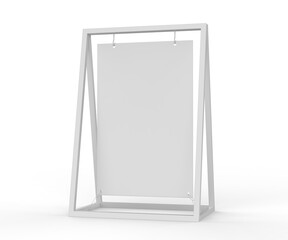 Metal blank a frame with swinging banner board 3d render illustration.