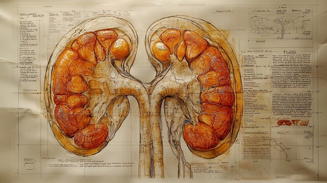 A detailed anatomical diagram of the excretory system, focusing on kidneys and bladder.