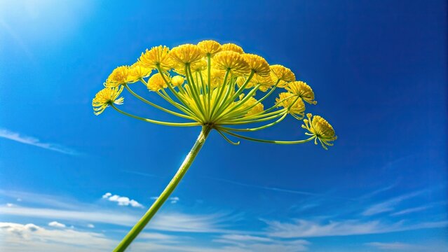 Yellow flower of Spartium junceum against blue sky