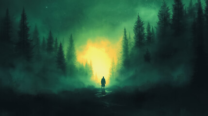 Obraz premium A man is walking through a forest with trees and fog. Scene is mysterious and eerie