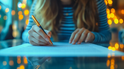 A woman is writing with a pen on a piece of paper. Concept of focus and concentration as the woman carefully writes. The pen and paper suggest a moment of reflection or contemplation