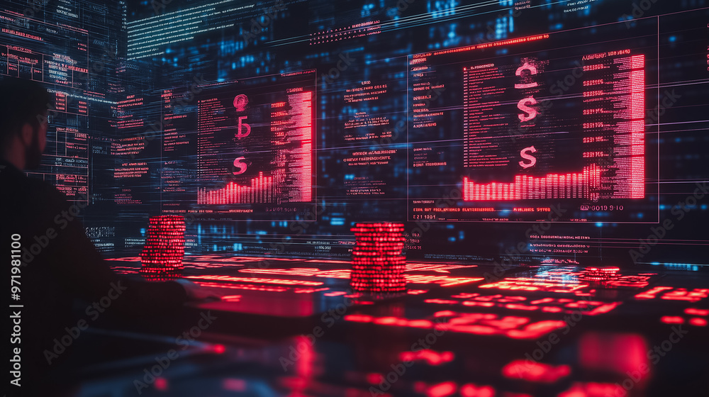 Poster a man is sitting in front of a computer screen with a red background and a lot of numbers. the man i
