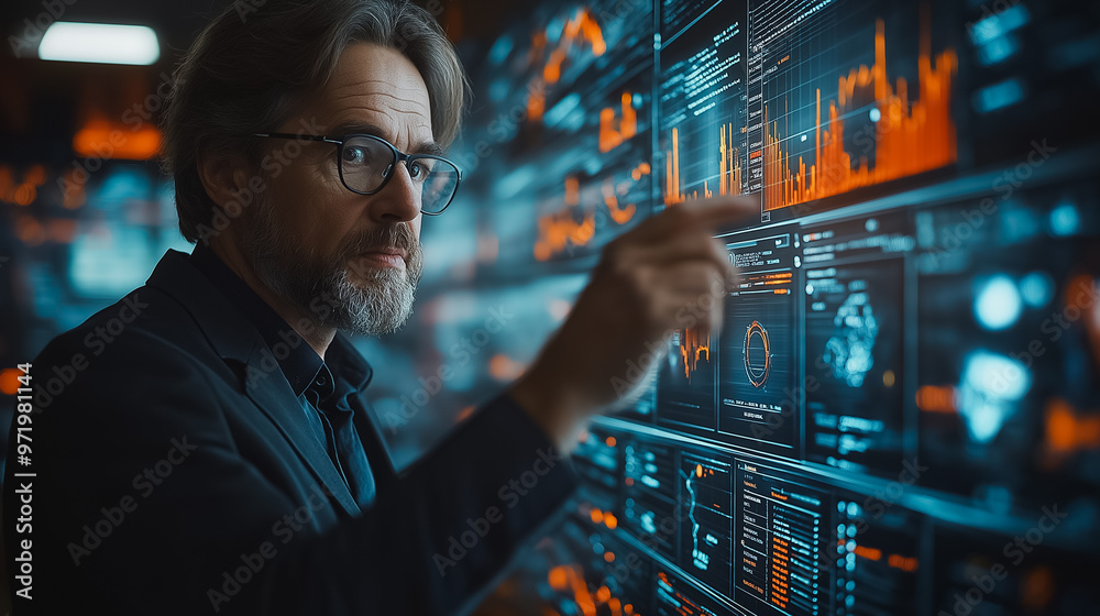 Poster a man in a suit is pointing at a computer screen with a lot of numbers and graphs. he is focused and