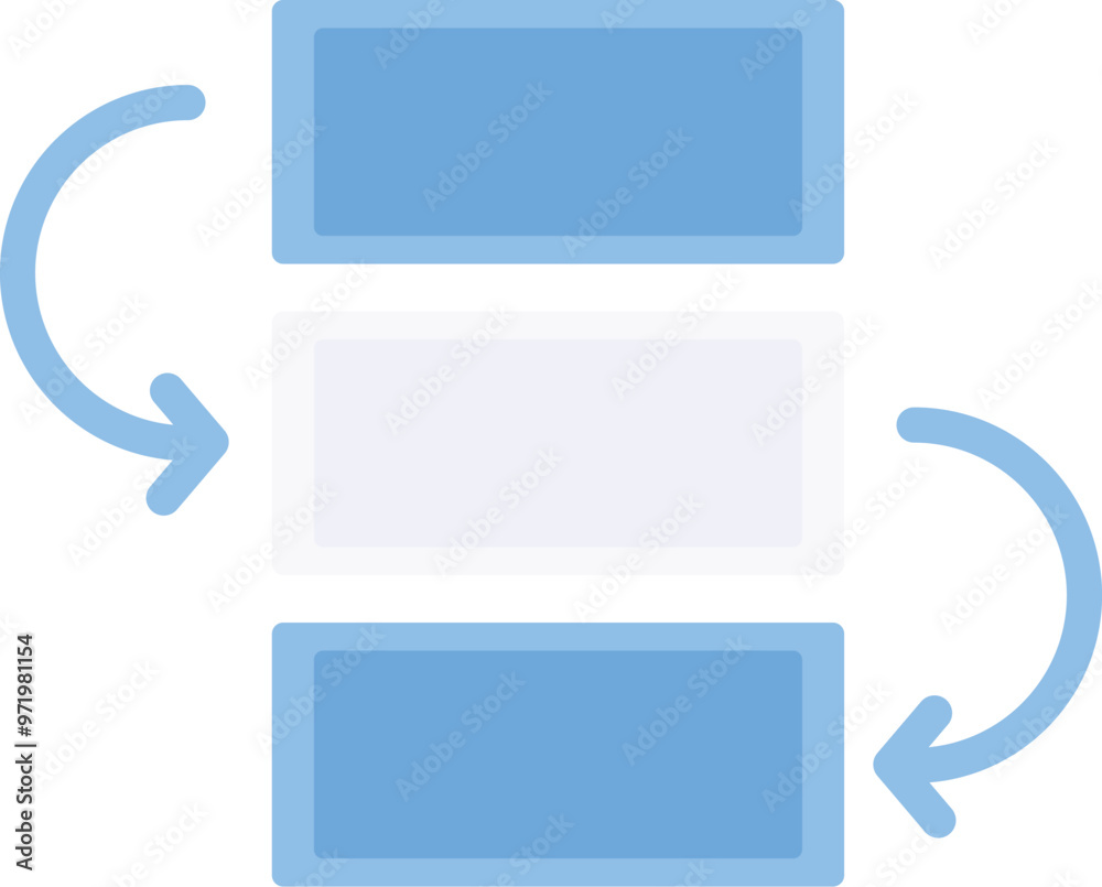 Poster minimalist blue icon depicting data synchronization with arrows moving in a loop around three bars, 