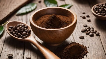 Ground coffee powder in a wooden spoon with coffee beans and leaves nearby
