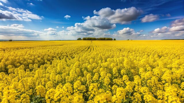Yellow rapeseed flowers in a field of rapeseed plants for green energy