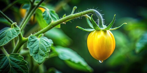 Yellow tomato flower bud among green leaves on dark background