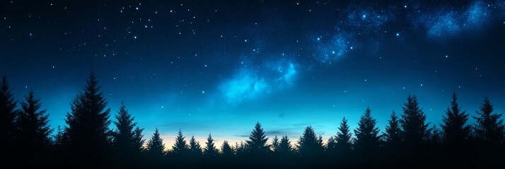 Fototapeta premium A mesmerizing night sky with a vast expanse of stars and a soft, ethereal glow, set against the silhouette of a dense pine forest. The scene evokes a sense of wonder, tranquility, and the vastness of 