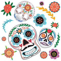 Colorful Sugar Skulls and Flowers