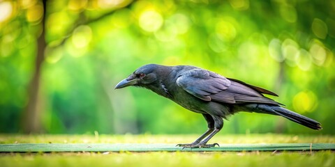 Yoga pose of crow with blurred green background reflected in water