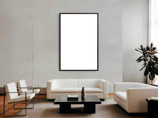 minimalist modern modern living room with blank white poster frame on wall.. 3d render.