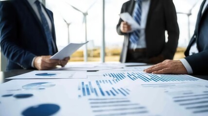 Group of advisors reviewing printed documents on renewable energy investments, renewable energy, financial planning