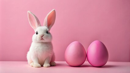 Fototapeta premium Easter bunny and pink Easter egg on a pink background, Easter, bunny, pink, egg, background, holiday, celebration, festive