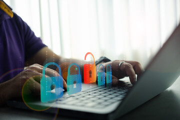 Men use computer identification to access data, and unlock digital padlock. Access digital data. Cybersecurity concept, user privacy security and encryption, Internet network data protection