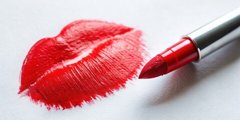 Obraz premium Close up of a bright red kiss mark on a white surface, romance, love, affection, lipstick, symbol, affectionate