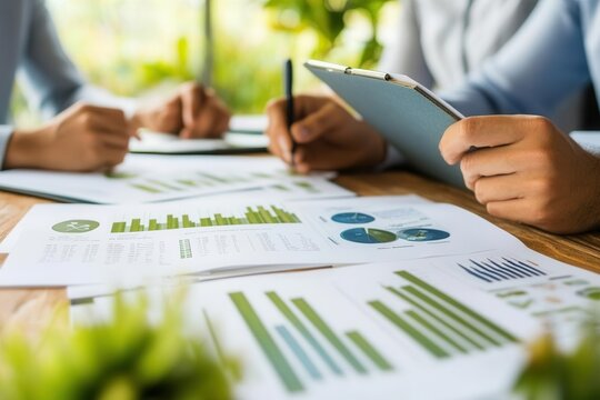 Team holding printed research on sustainable growth funds and analyzing market trends during a financial meeting, sustainable growth, investment planning