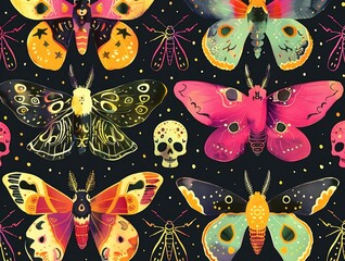 Naklejka premium Whimsical pattern featuring vibrant, detailed moths and decorated skulls against a dark background, blending nature with Halloween themes.