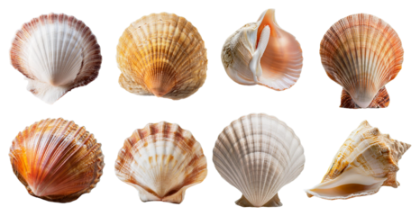 Collection of seashells with various textures isolated on transparent background ideal for beach and ocean themes