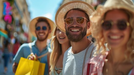 Naklejka premium Create a high-resolution scene of a group of friends shopping together with reusable bags, enjoying a sustainable shopping experience