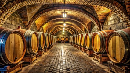 Obraz premium Traditional wine cellars in Vrbice, Czech Republic featuring old wooden barrels and cobblestone floors, wine