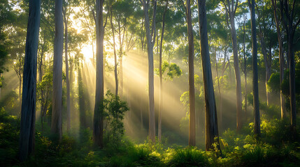 A lush eucalyptus forest with tall trees and sunlight streaming through the branches, showcasing native Australian flora