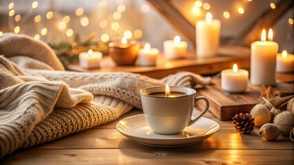 Fototapeta premium Cozy hygge theme with warm light from candles and a cup of coffee, candle, coffee, hygge, cozy, warmth, home, interior