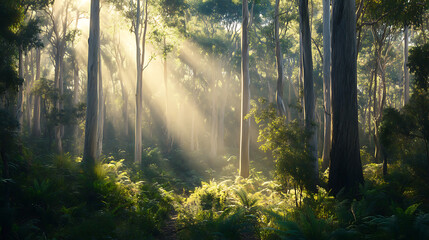 Fototapeta premium A lush eucalyptus forest with tall trees and sunlight streaming through the branches, showcasing native Australian flora