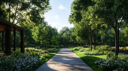 Obraz premium A peaceful pathway winds through a meticulously landscaped garden, with mature trees lining the sides, showcasing the beauty of nature and architecture. The path symbolizes tranquility, growth, and th