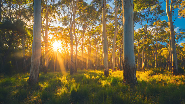 A lush eucalyptus forest with tall trees and sunlight streaming through the branches, showcasing native Australian flora