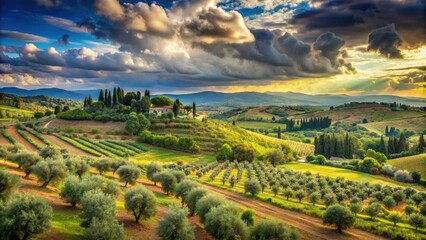 Naklejka premium Scenic view of Tuscan countryside with moving clouds, Mediterranean scrub, olive trees