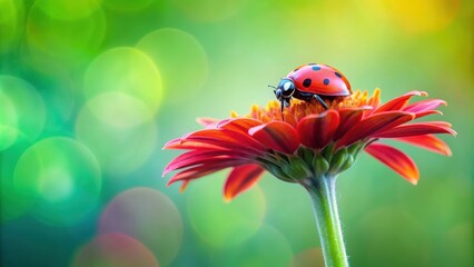 Obraz premium Close up of ladybug on red flower with blurred green background, Ladybug, insect, red flower, nature, close up, macro, garden
