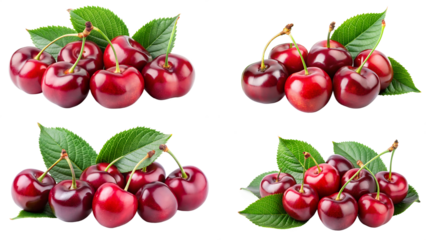 Set of cherries with leaves on transparent background