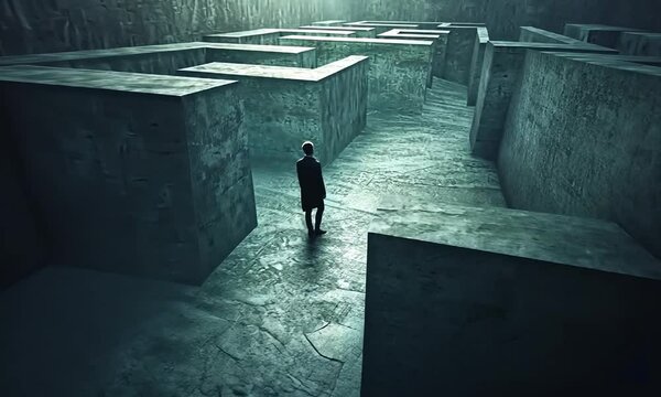 A man walks through a maze of concrete blocks