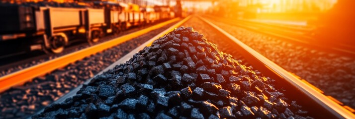 Fototapeta premium A pile of coal sits on train tracks, bathed in the golden light of a setting sun. This image symbolizes the power of energy, the importance of transportation, and the impact of fossil fuels on our wor