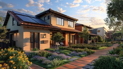 Fototapeta premium Create a high-resolution scene of a solar panel installation on a new, energy-efficient home in a vibrant community