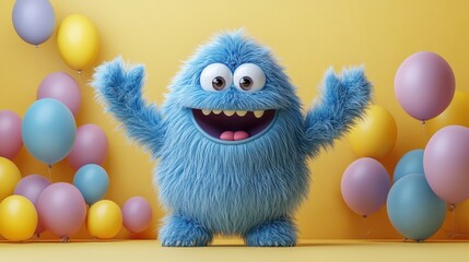 Fototapeta premium funny hairy blue monster dancing with air balloons cartoon character celebrating birthday party festive clip art isolate on yellow background