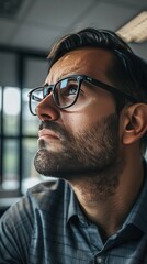 Obraz premium Portrait of a thoughtful bearded man wearing glasses, looking upwards, in a modern office setting with natural light and blurred background.