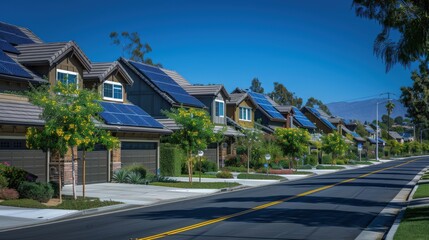 Naklejka premium Design a digital scene of a quiet residential street with several homes having solar panels installed by professionals