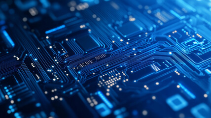 Fototapeta premium Illustration of a futuristic digital circuit board with glowing blue pathways and connections