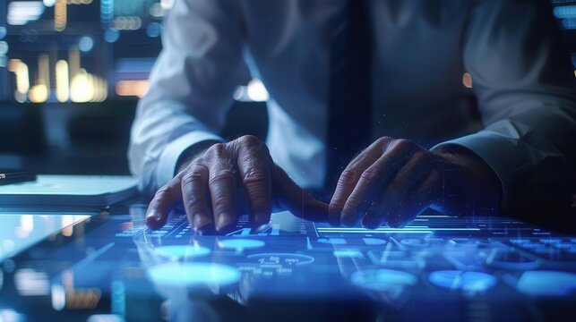 Businessman working on futuristic touchscreen interface in dark office, technology and innovation concept.