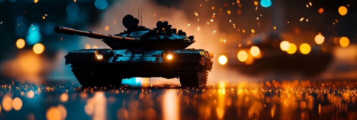A powerful silhouette of a military tank and aircraft on a dark background with bokeh lights creating a dramatic and cinematic feel. The image symbolizes power, force, and the potential for conflict.