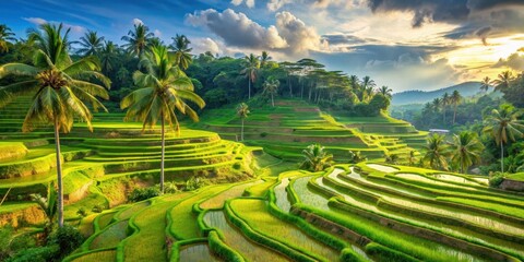 Vibrant photo capturing the lush rice terraces, vibrant culture, and beautiful beaches of Bali, Indonesia, Bali