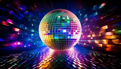 A disco ball on a surface with many colors circle