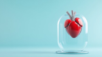 A red heart, representing life and health, is enclosed in a glass dome, symbolizing protection, fragility, and the importance of safeguarding our well-being.