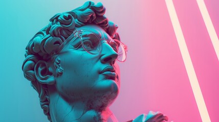Naklejka premium statue of man with sunglasses and neon lights generative ai