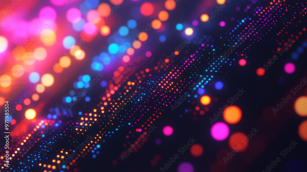 Poster colorful abstract illustration of glowing dots creating a dynamic pattern in a dark setting