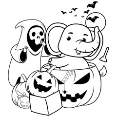 Halloween coloring page with elephant for kids 