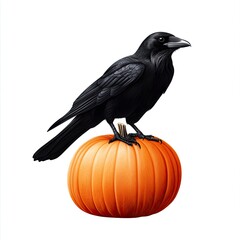 Fototapeta premium A black raven perched on a vibrant orange pumpkin, symbolizing autumn and the Halloween season.