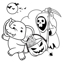 Halloween coloring page with elephant for kids 